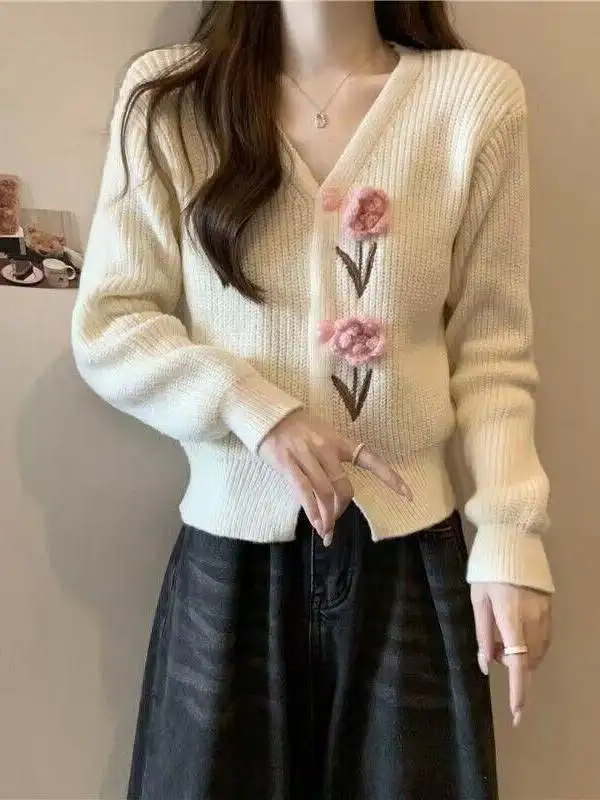Black V-Neck Knitted Cardigan Short Women's Sweater Heavy Embroidery Spring Autumn Top Soft Casual Style Long Sleeve Shirt