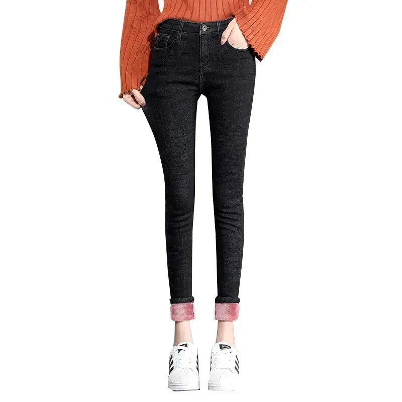 양털 안감 하이 웨이스트 스키니 청바지 여성용 두꺼운 9부 벨벳 롱 팬츠 겨울 슬리밍 한국 스타일