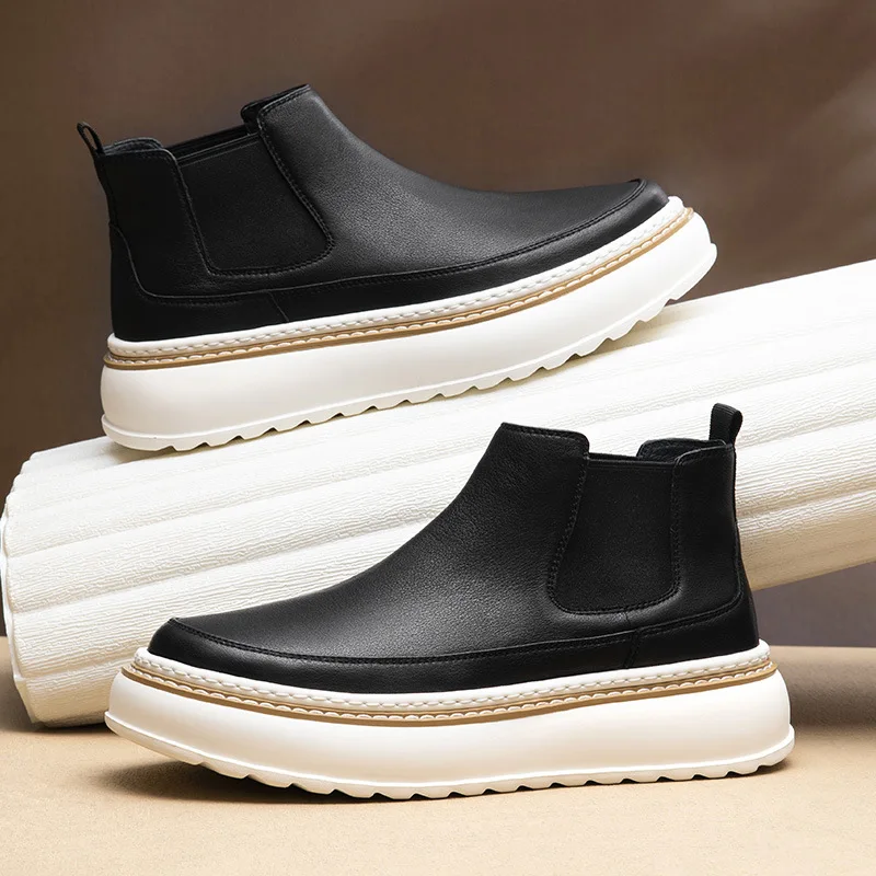 All-match Cowhide  Men's Genuine Leather Chelsea Boots Casual Riding  British Snow Outdoor Boots New Autumn Winter Shoes Male