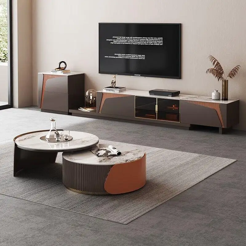 # Wood Marble Round Coffee Table Set Living Room Multifunction Home Drawers Cream Furniture Design Decor Newest