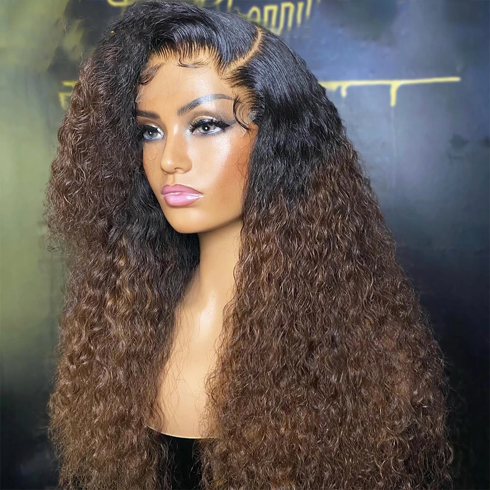 

Ombre Brown Kinky Curly Soft Natural Hairline 180Density 26”Long Lace Front Wig For Black Women With Baby Hair Preplucked Daily