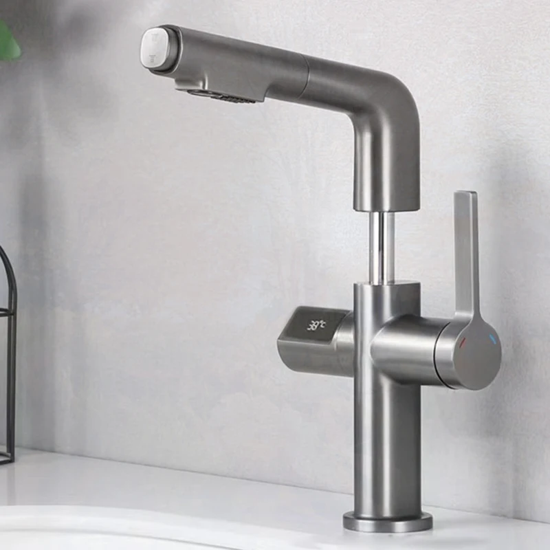 

New Digital Display Bathroom Basin Faucet Pull out Basin Tap Hot Cold Bathroom Kitchen Faucet Brass Deck Mount Sink Mixer Tap