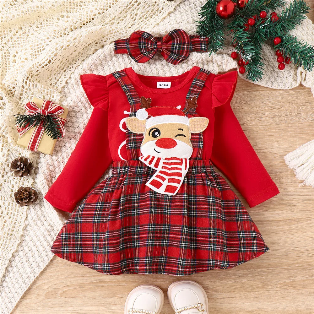 0-18M Christmas Newborn Infant Baby Girls Clothes Sets Red Letter Print Romper Deer Plaid Skirts Headwear Xmas Outfits Costume