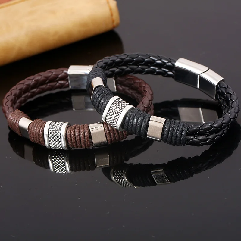 

10pcs/lot Classic Style Men Leather Bracelet Simple Black Stainless Steel Button Neutral Accessories Hand-woven Jewelry Gifts