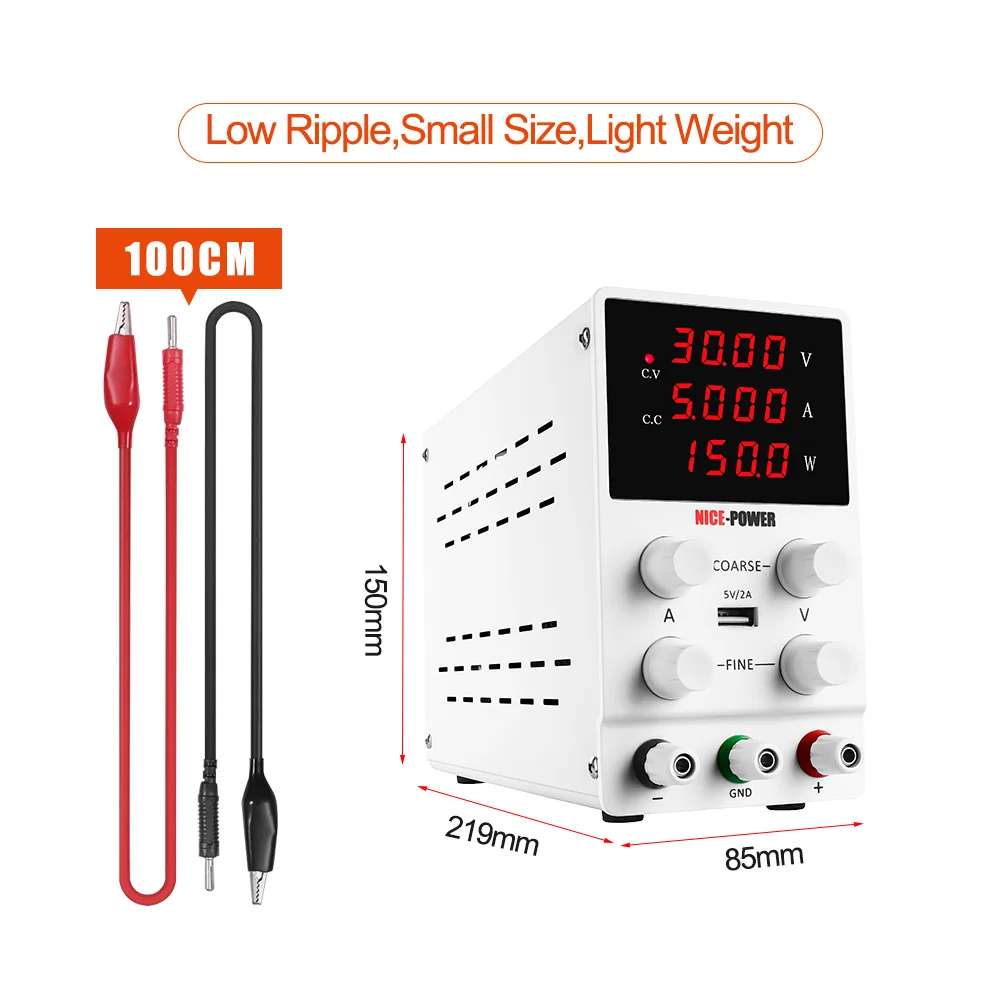 Fuente de alimentación de 30V 5A DC, pantalla de cuatro dígitos, 4 perillas para afinar la salida USB 5V2A, potencia Industrial estable