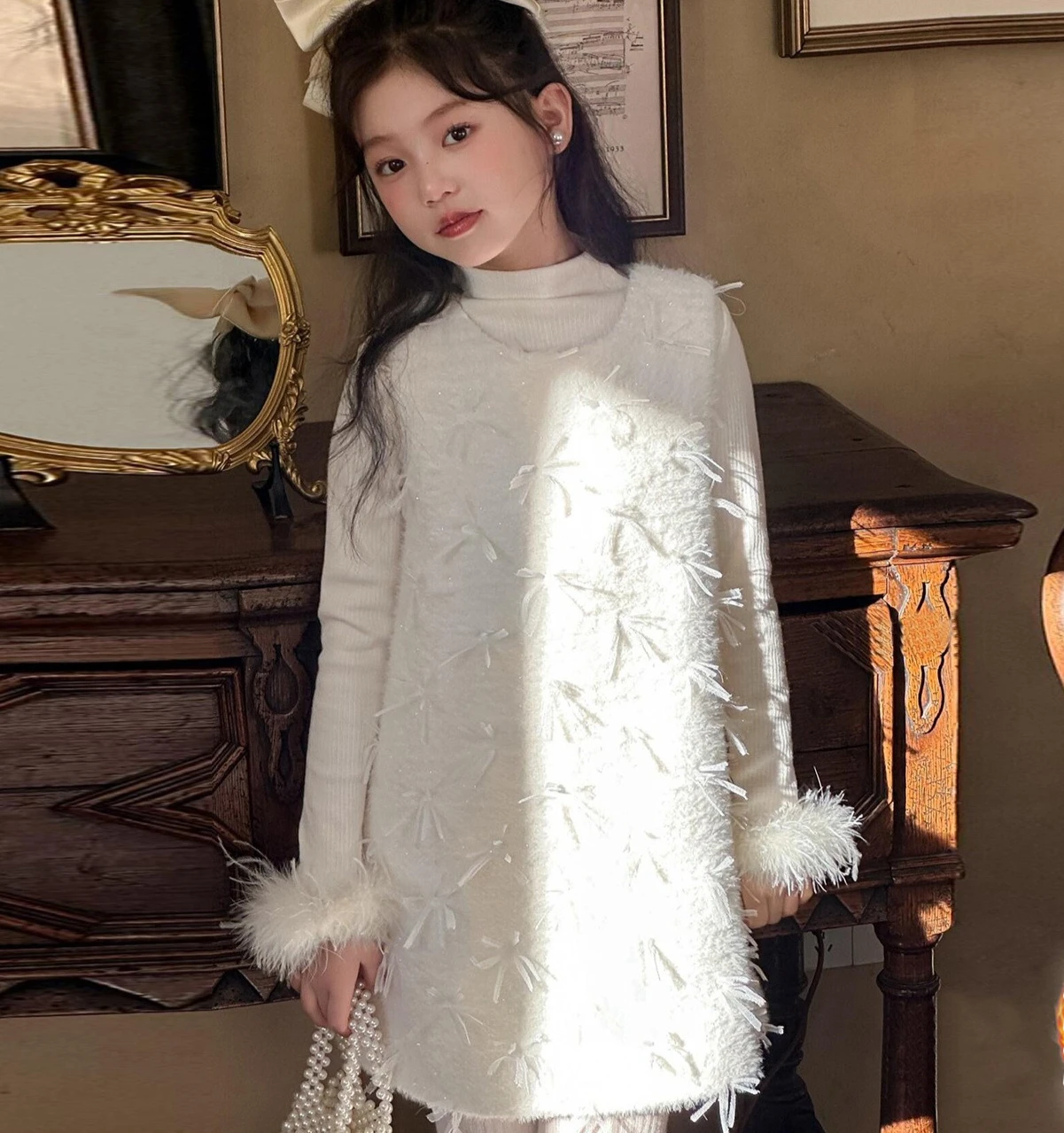 Girls Spring Autumn Winter Dress 2026 New Children Stylish Thickened Warm Small Fragrant Style Bow Dress