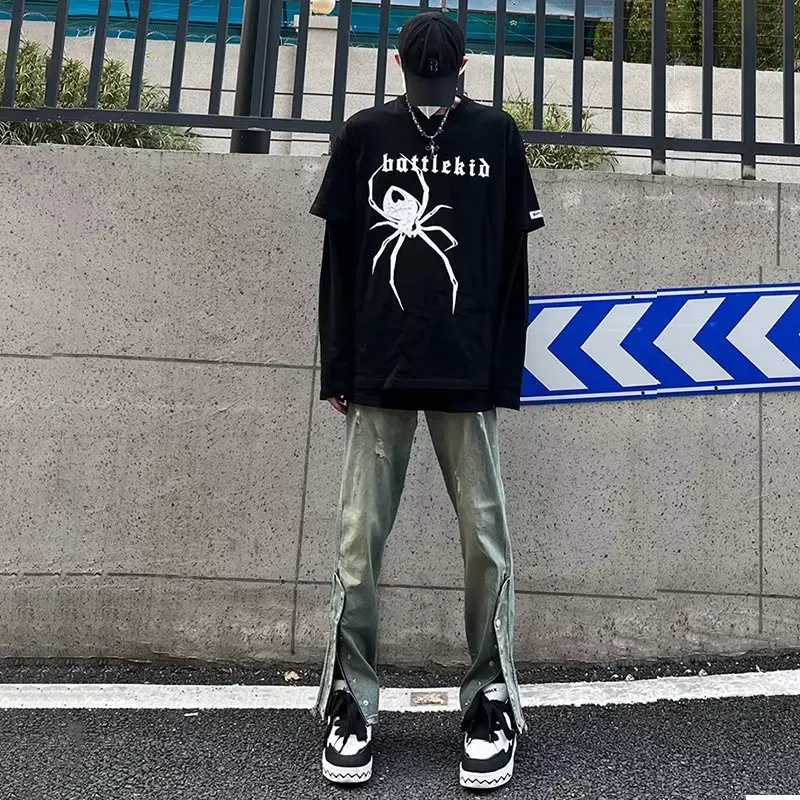 

Retro Waed American High Street Vibe Men's Jeans Autumn Trend Straight Leg Micro Flared Long Trousers Wear Resistant