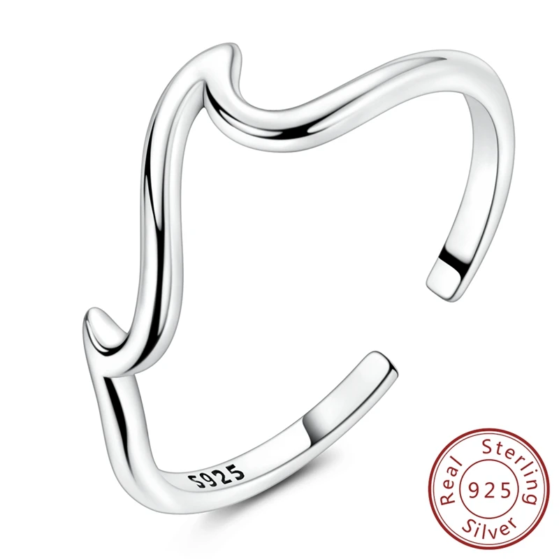

100% S925 Sterling Silver Ocean Wave Open Rings Simple Women Ring For Birthday Party Anniversary Fine Jewelry Gifts