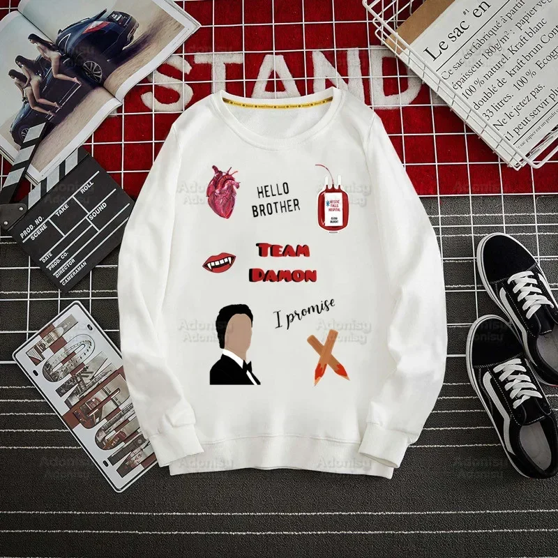 Damskie bluzy polarowe Damon Salvatore Ian Somerhalder Harajuku The Vampire Diaries Top Jesień Wiosna O Neck Pullover Hoody Womens