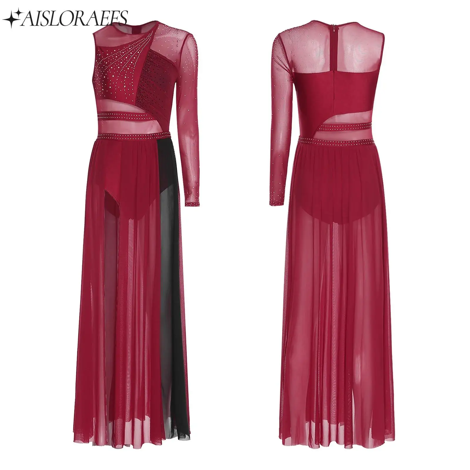 

Adults Women Lyrical Dance Performance Costume Ballet Gymnastics Figure Skating Dancewear Rhinestones Side Split Mesh Maxi Dress