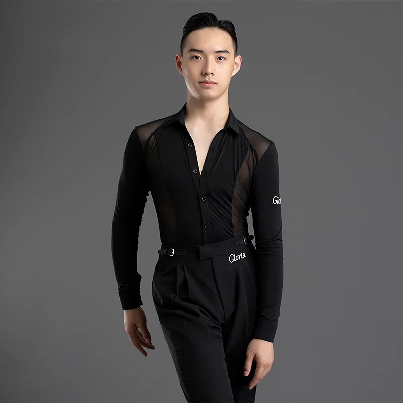 

2024 New Long Sleeves Latin Dance T-shirt Men's Practice Top Wear Deep V Neckline Seethrough Design Charles Shirt XH17