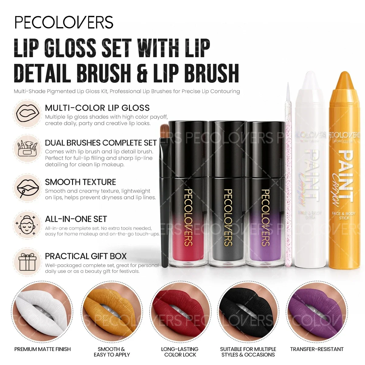 6PCS/SET Halloween Face And Lip Paint Set, 2 Paint Pens, 3 Liquid Lip Colors, 1 Detail Brush, Quick-Dry Smudge-Proof Formula, Long-Wear Non-Sticky Finish, Great for Spooky Holiday Looks