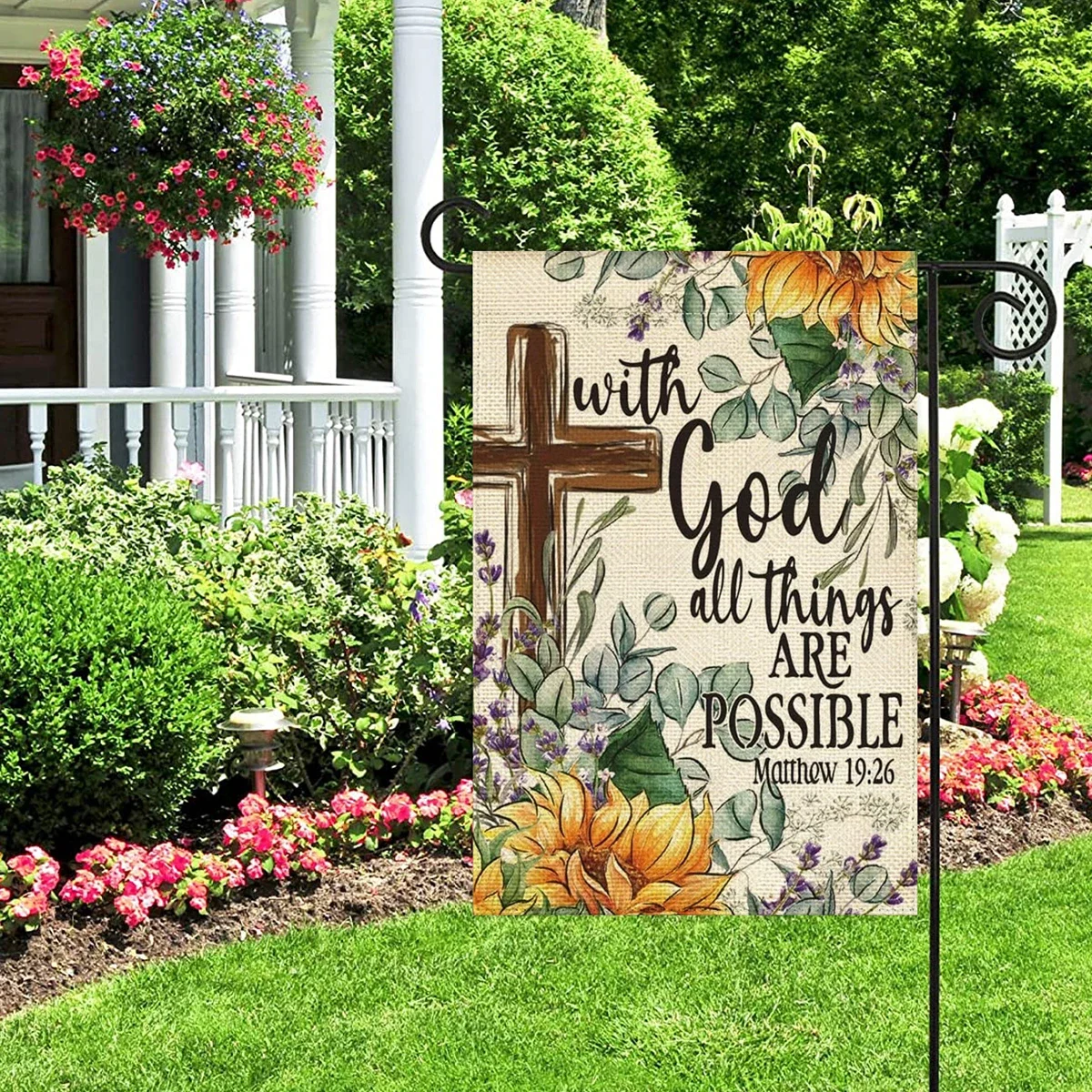 1PC  With God All Things Are Possible Pattern Linen Cotton Garden Flag Banner Indoor Outdoor Home Garden Hanging Decor