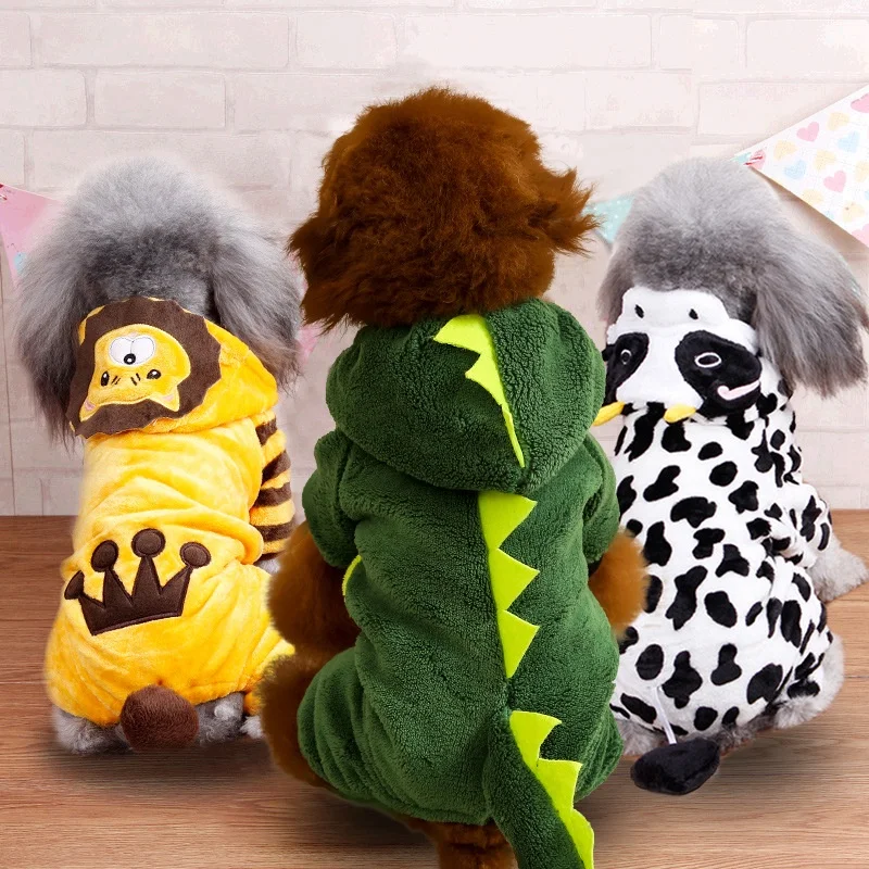 Disfraz de Cosplay de lana de Coral para mascota, dinosaurio lindo, Tigre, vaca, ropa para mascotas, sudaderas cálidas para perros, abrigo de gato,