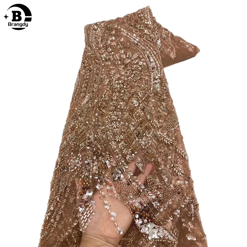 

High-end luxury French embroidery heavily Beaded lace fabric African Nigerian sequin groom fabric wedding party dress X780318