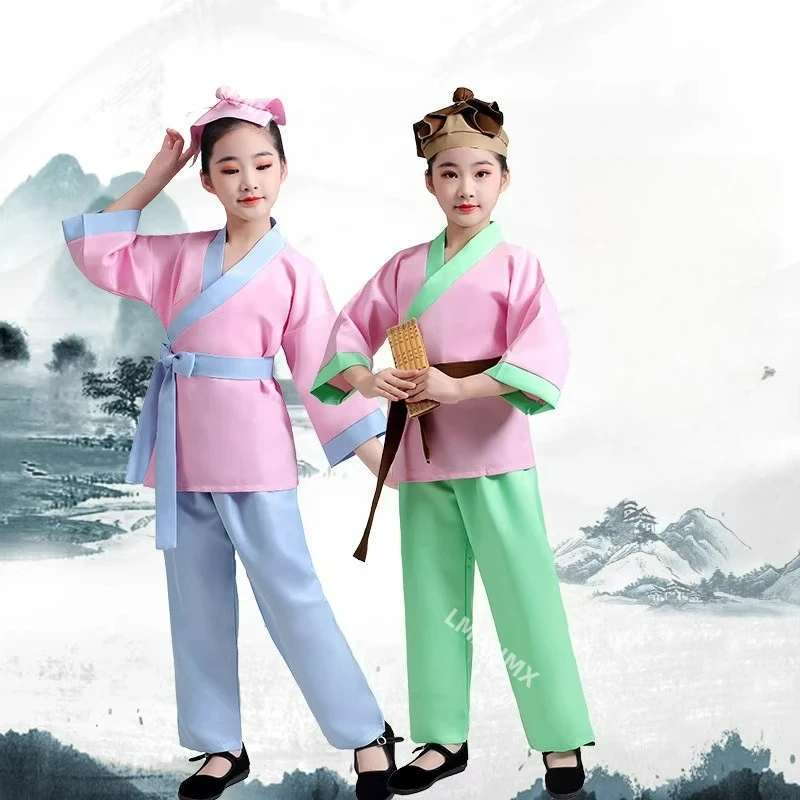 

Детский древний костюм Hanfu Farmer, детский сад, маленькая книга, детская классная форма, мотыга в национальном стиле, костюм для выступлений