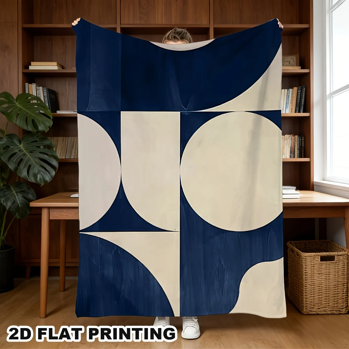Navy Beige Geometric Flannel Throw Blanket, Modern Abstract Semicircle Block Print Soft Blanket for Kids Bedroom Sofa Cozy Home