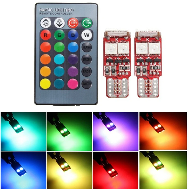 2ชิ้น W5W T10 LED RGB ไฟควบคุมระยะไกลไฟแสดงสถานะหลอดไฟภายในรถลิ่ม