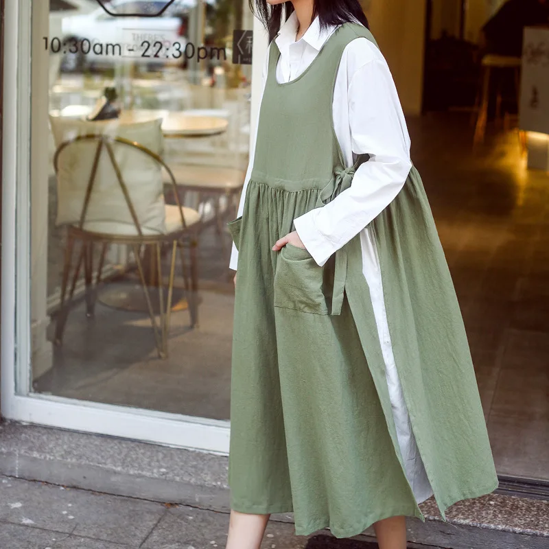 Cotton Linen Side Open Aprons for Women with Pockets Cute Apron Dress for Gardening Painting Baking Cooking Pinafore