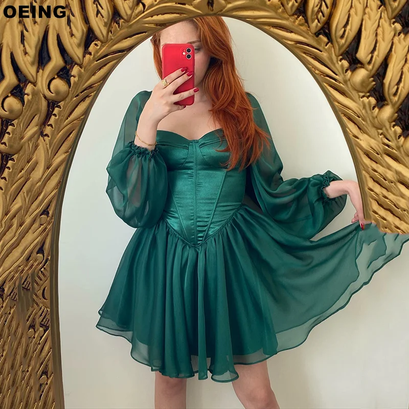 

OEING Green Prom Dresses Chic Long Sleeves Lace Up Evening Dress Formal Occasion Short Cocktail Party Gowns Vestidos De Novia