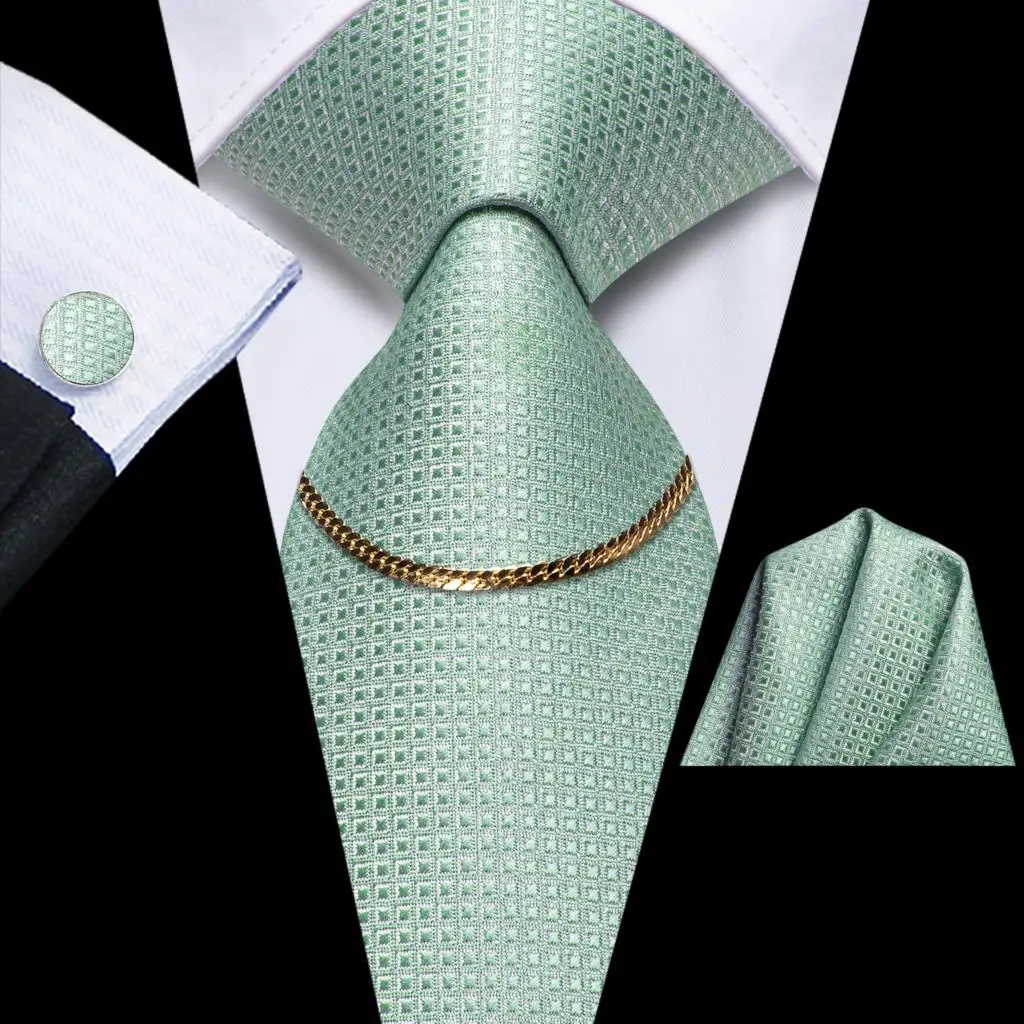 Sage Green Solid 2023 Luxury Silk Men Tie Fashion Necktie Chain Hanky Cufflink Gift For Men Wedding Hi-Tie Designer Wholesale