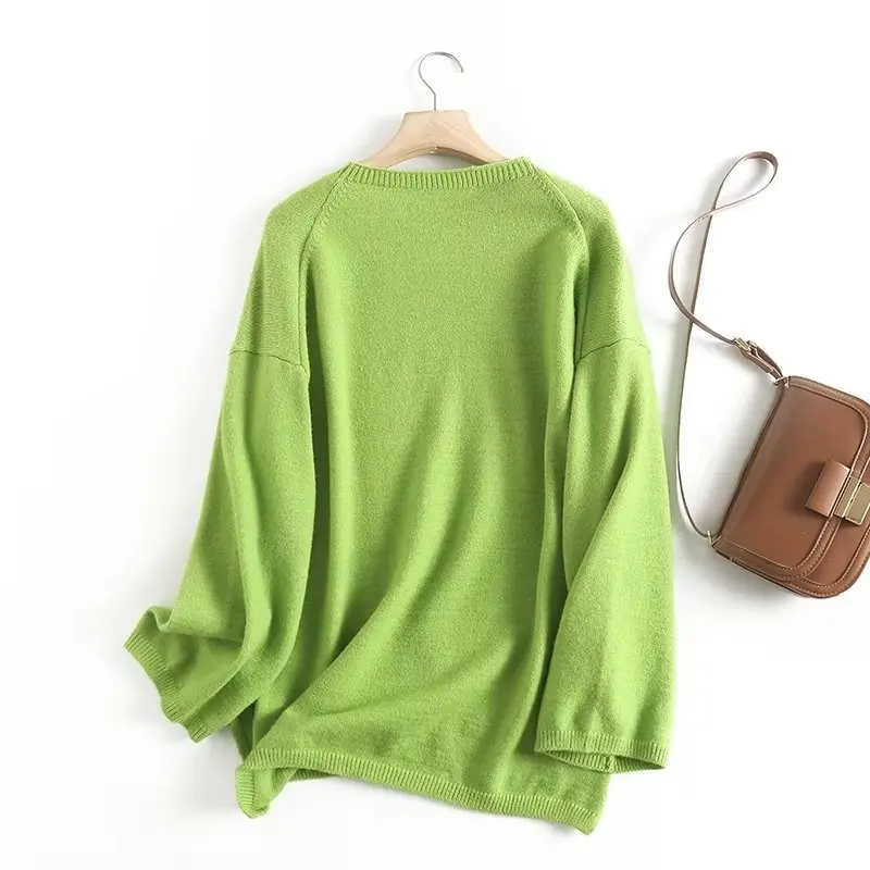 Maxdutti WInter  Fashion Green Solid O-neck Pullovers Tops Sweaters Women