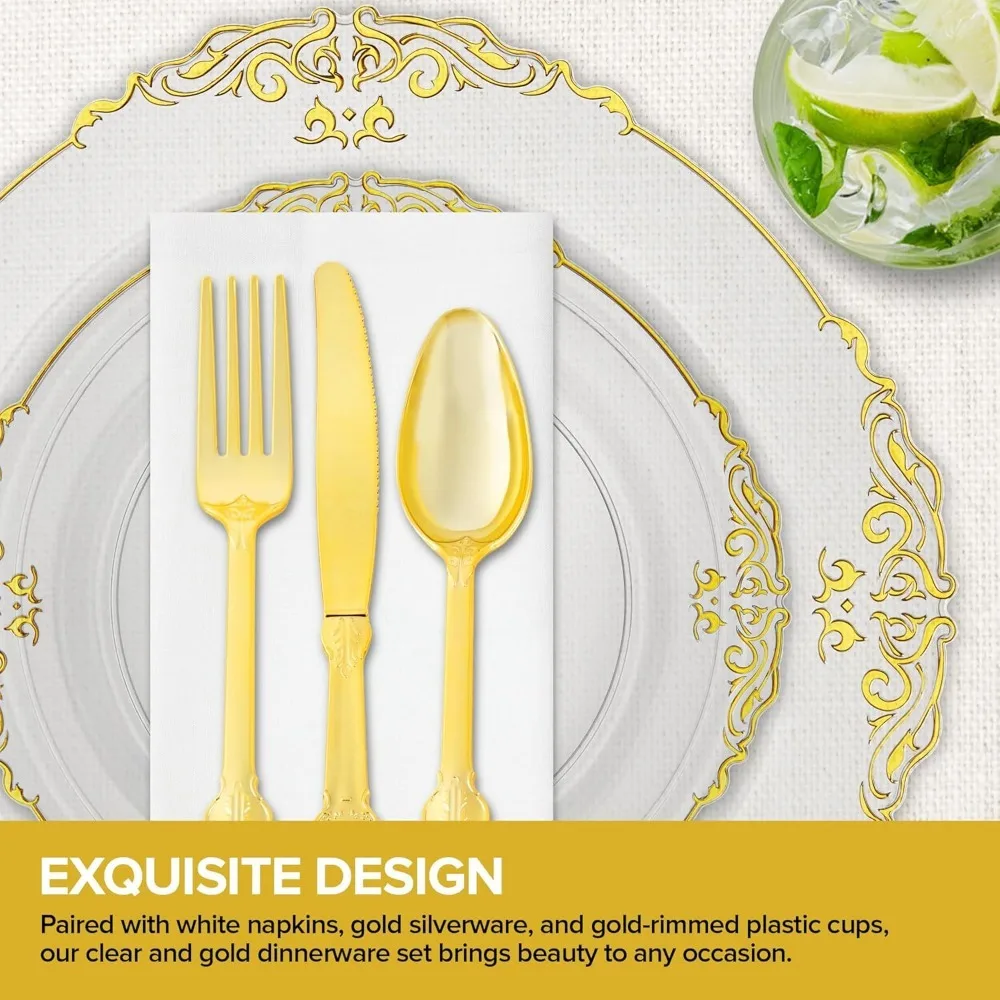 جديد - طقم أطباق شفافة وذهبية مع أدوات مائدة مسبقًا مع مناديل وأكواب ذهبية، أواني طعام لـ 50 ضيفًا (350 قطعة)،