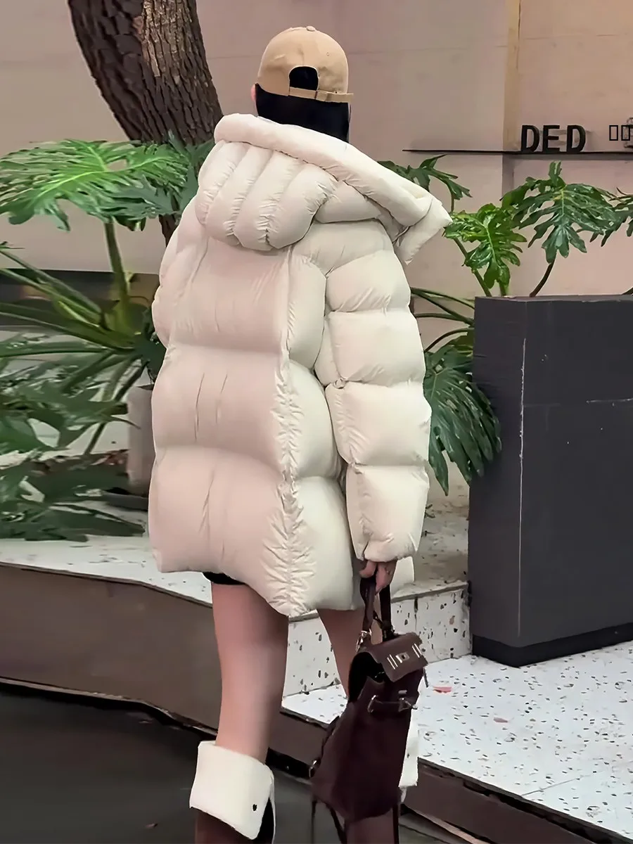 Chaqueta de Plumón para Mujer, Color Blanco, con Capucha, Abrigo de Invierno Cálido, Estilo Dulce y Elegante, Largo Regular, Sin Marca