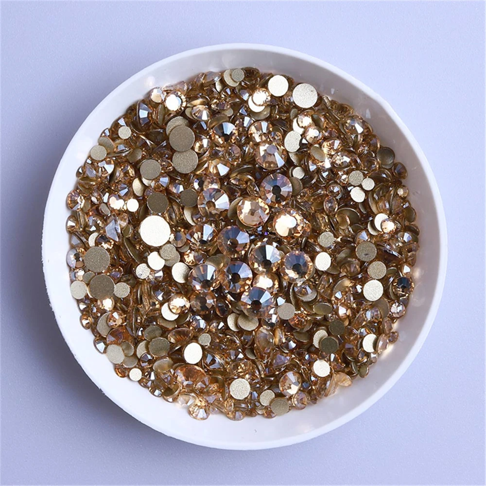 1440Pcs Mix Size SS3-SS20 Champagne Glass Flat Back Rhinestone Golden Shadow Glitter Non Hotfix Rhinestones for Nail Art Clothes