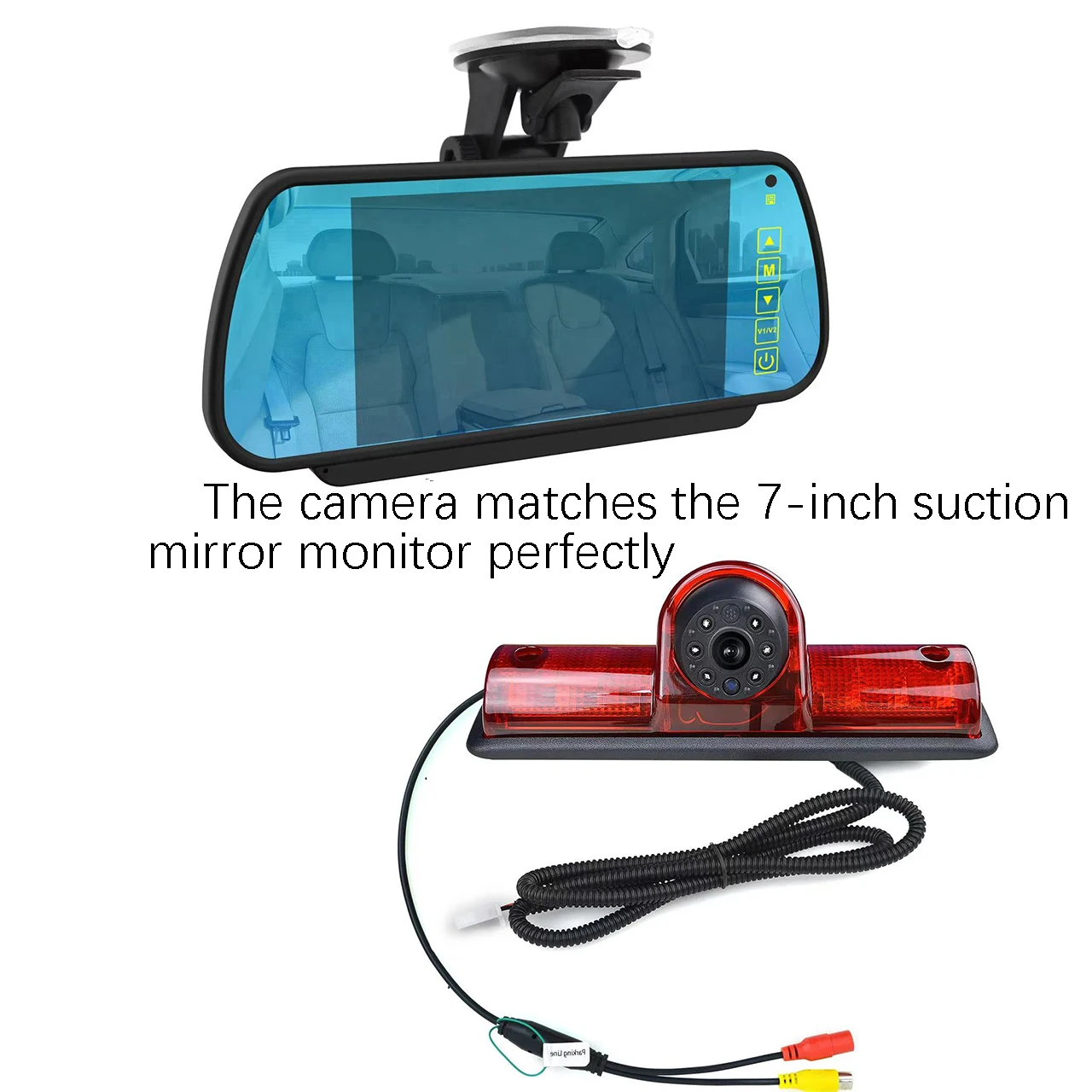 Universal third brake light rear view reverse camera on all commercial vehicles or mount any flat body with 7-inch mirrors