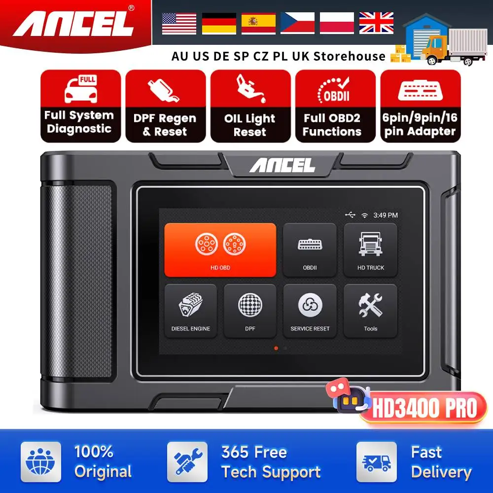 

Сверхмощный сканер грузовиков DPF регенерация ANCEL HD3400 Pro для Cummins, Paccar, Caterpillar, Detroit, Volvo, Mack, без жизнеспособности