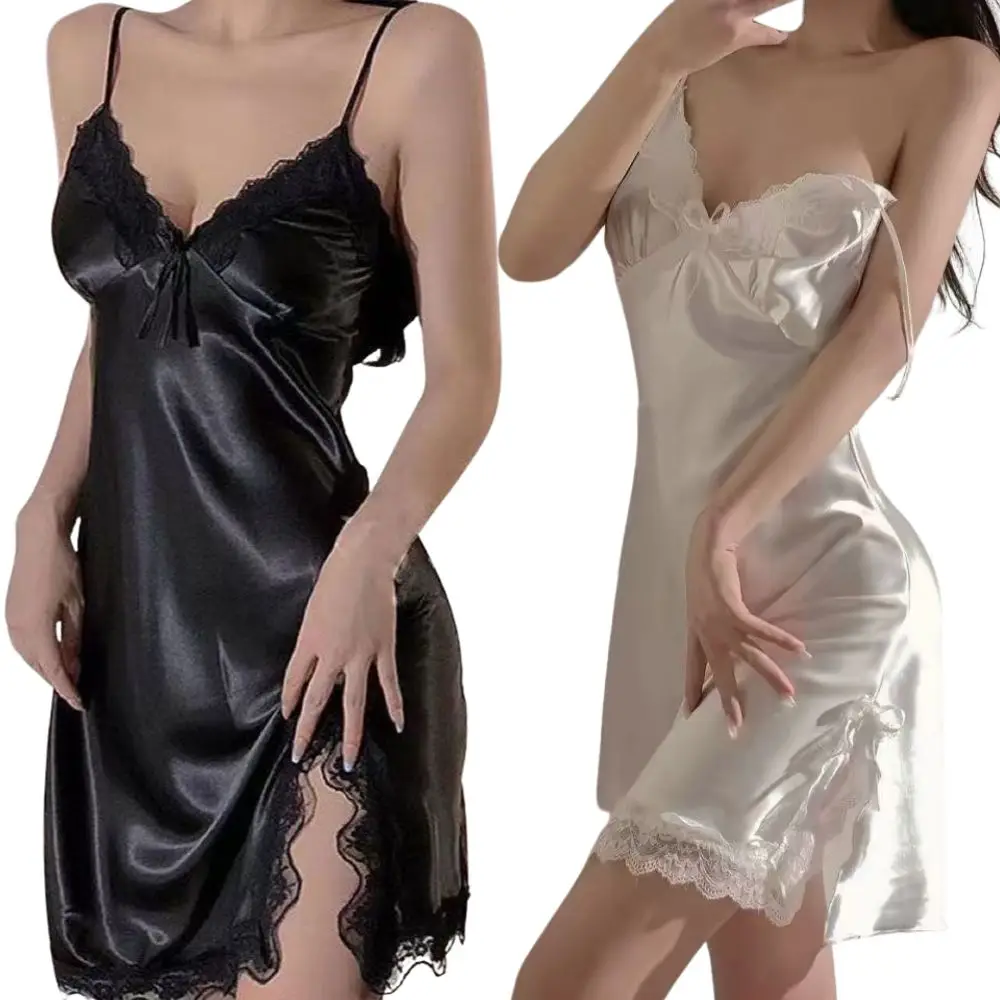 Sexy V Neck Patchwork Nightwear Bowknots Patchwork Silk Dress Sleep Wear Women's Nightgowns Nightdress Women Patchwork Lingerie