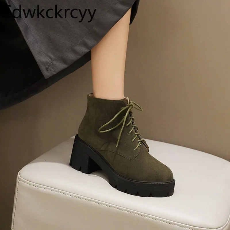 

winter The New fashion British style Lace boots black ArmyGreen brown Round head Handsome High heels Women boots