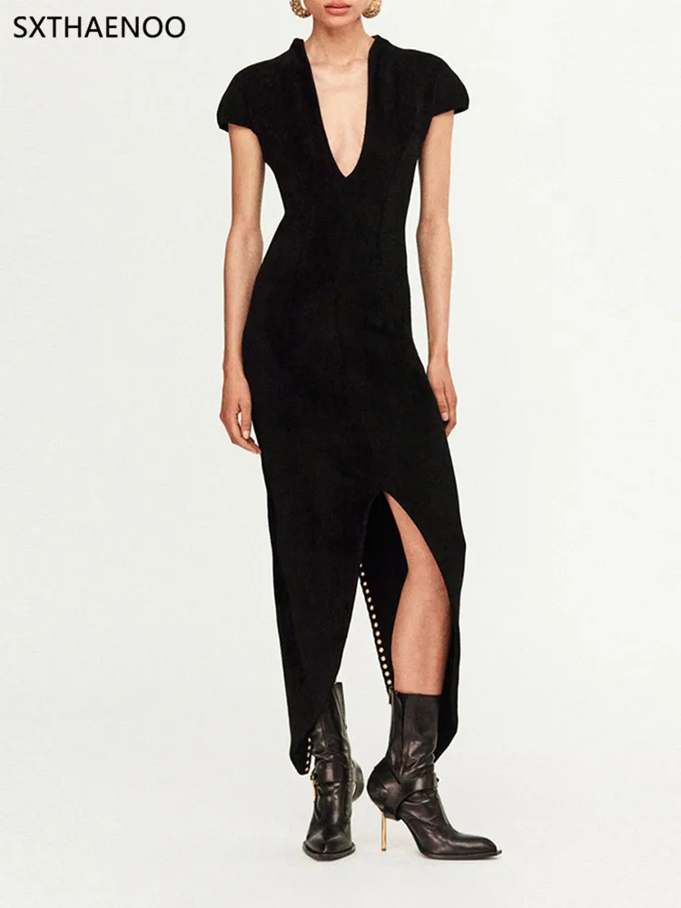 เดรสยาวแฟชั่นทรงสลิมแบบต่อผ้า สายเดี่ยว คอวี แขนสั้น ทรงทูนิค ผ่าข้าง สไตล์วินเทจ สำหรับผู้หญิง