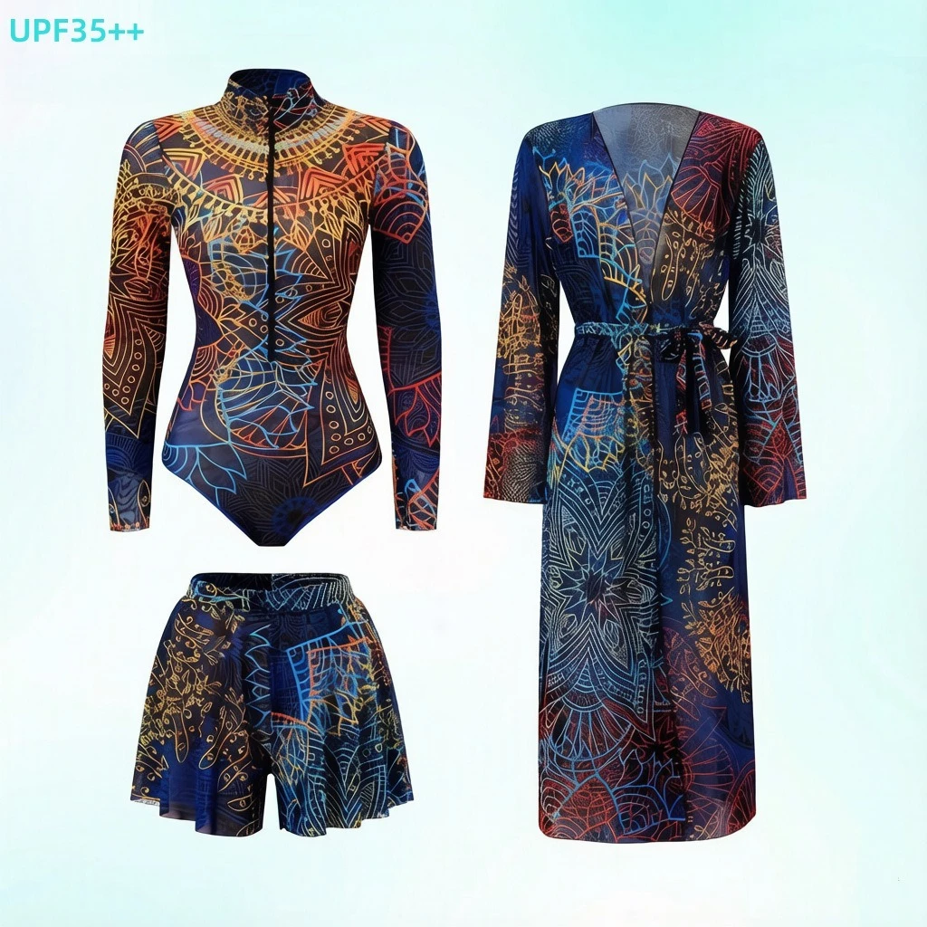 2026 Women 3Pcs Mandala Totem Print Swimwear Set Long Sleeve Front Zip Rash Guard + Skort Belted Mesh Kimono Cover Up UPF35++