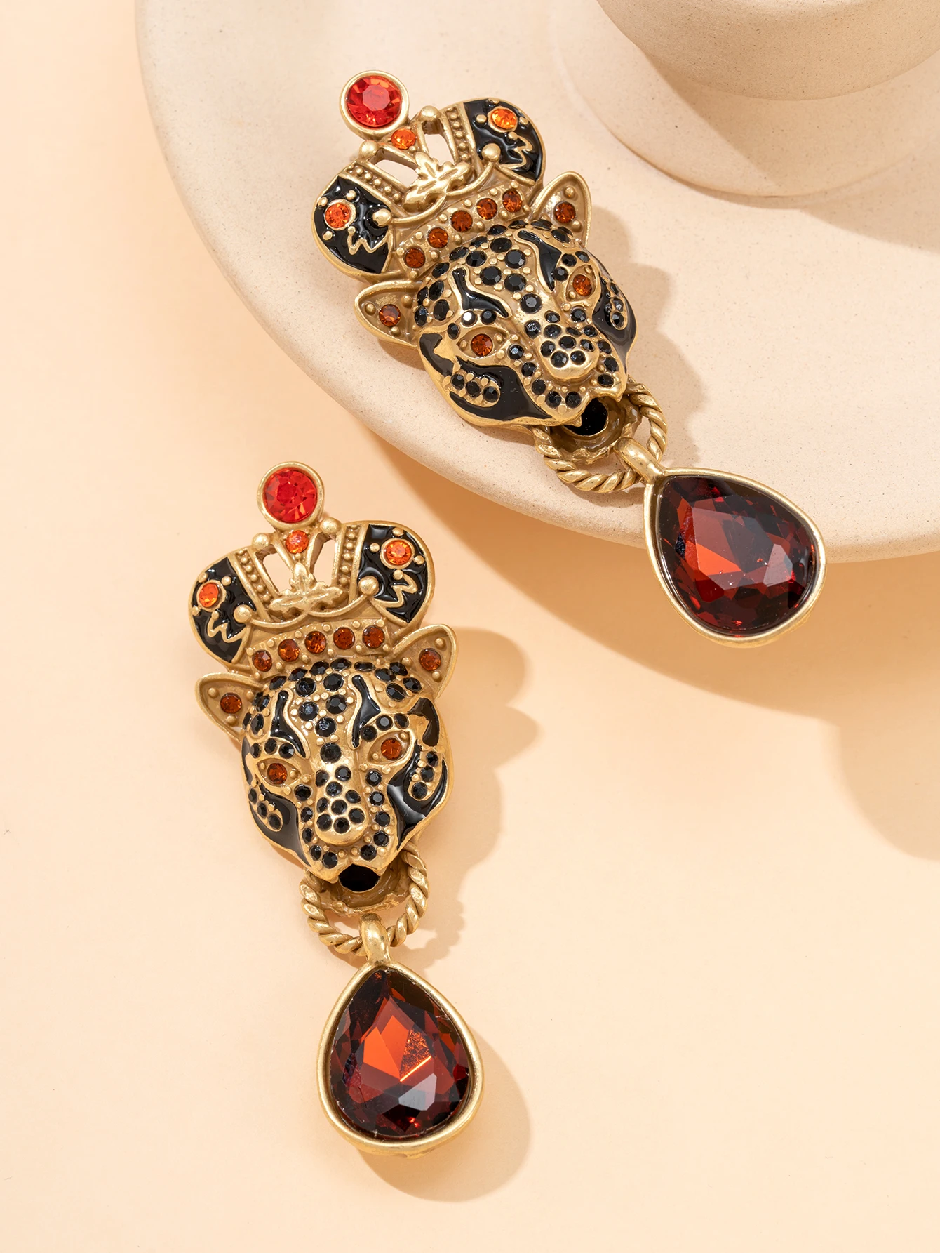 Baroque distressed gold black panther head red zircon long earrings, vintage exaggerated earrings