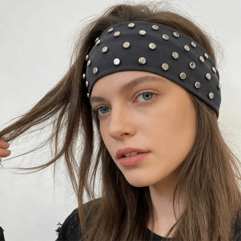 

Дышащие повязки на голову в корейском стиле с заклепками, однотонные широкие повязки в стиле панк, готические эластичные повязки для волос в стиле хип-хоп, аксессуары для волос