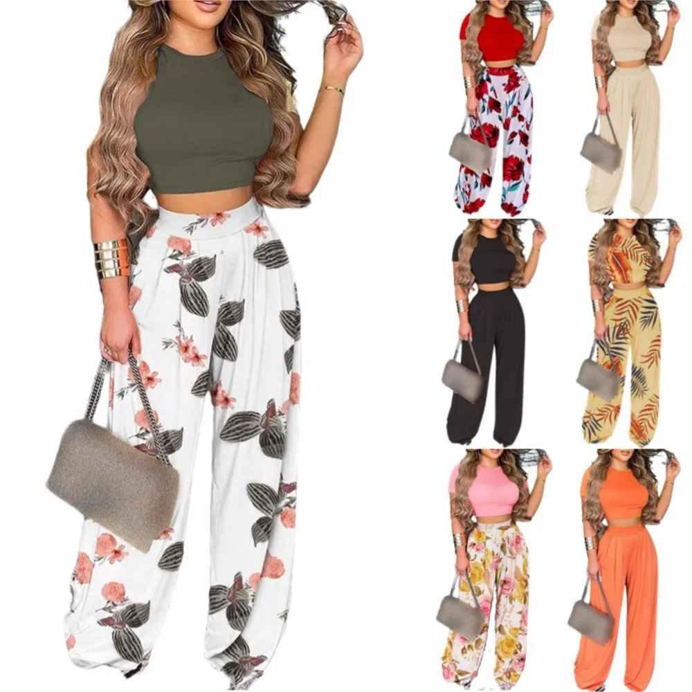 Women Print Pant Sets Two Piece Suit Round Neck Short Sleeve Tops Vests Wide Leg Trousers High Waist Pant Ladies Summer