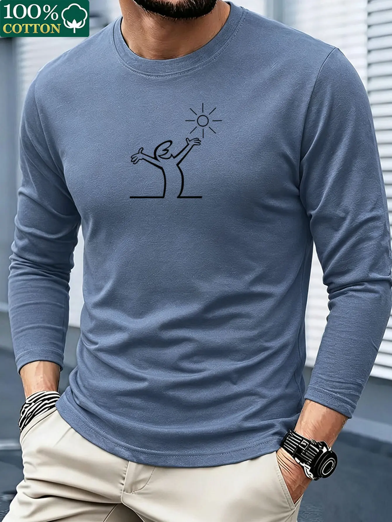 T-shirt à manches longues pour hommes, 100 % coton, col rond, décontracté, confortable, polyvalent, haut basique, idéal pour les activités de plein air, les loisirs, les vêtements de printemps et d’automne.