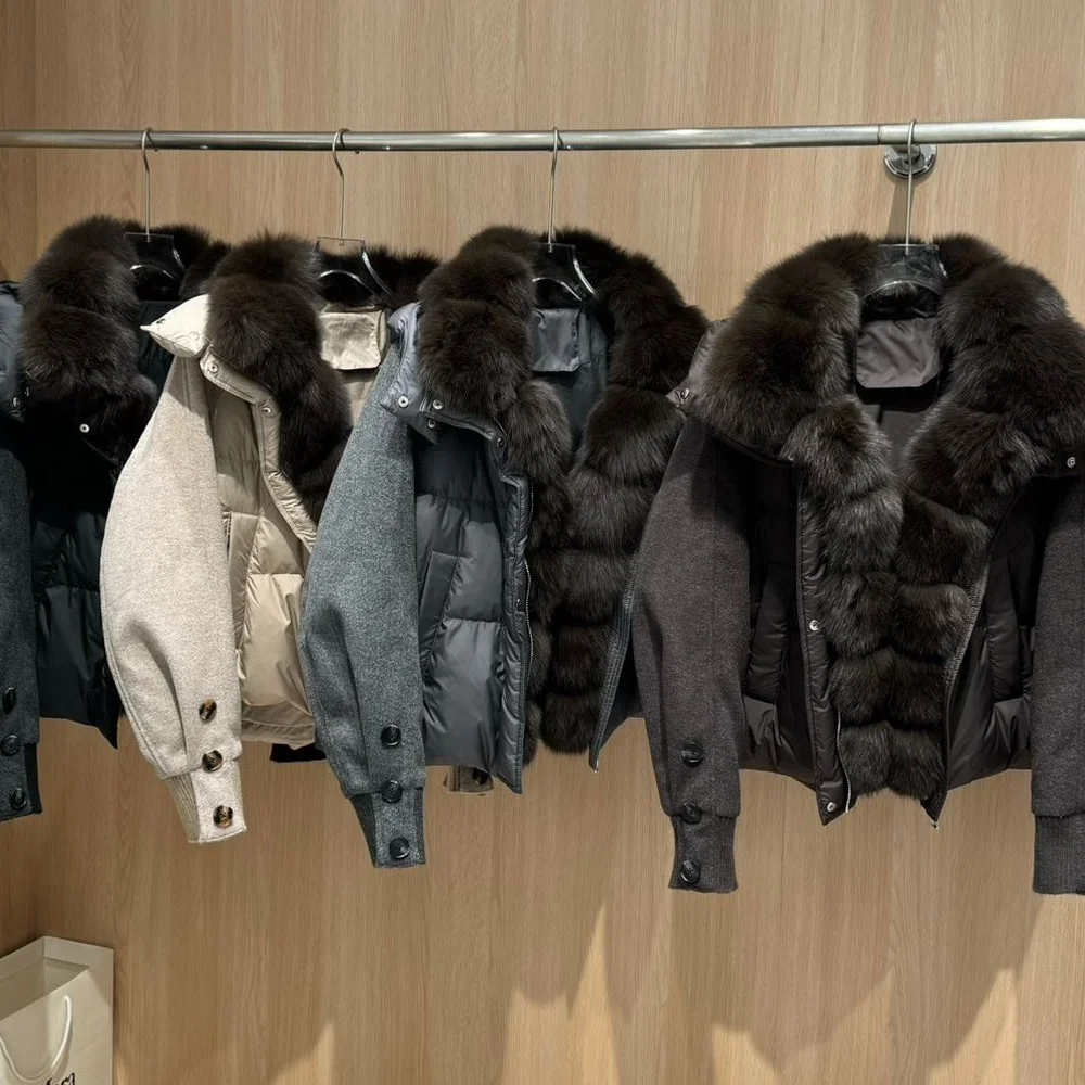 OFTBUY New Winter Warm Cropped Natural Fur Down Cclothing Women Short Duck Down Jacket Real Fox Fur Collar Puffer Coat Female