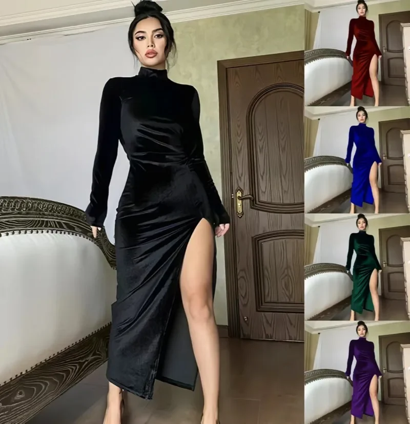 

Spring New Women Solid Velvet Ruched Midi Dress Side Slit Bodycon Dresses Sexy Dress Streetwear Party Elegant Club Y2k 원피스