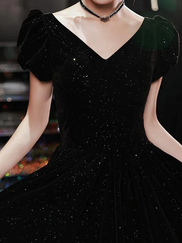 Black Velvet Generous Evening Dresses V-neck Puff Sleeve Cross Lace Up Back Prom Vestidos 2023 Summer Slim Waist Party Dress