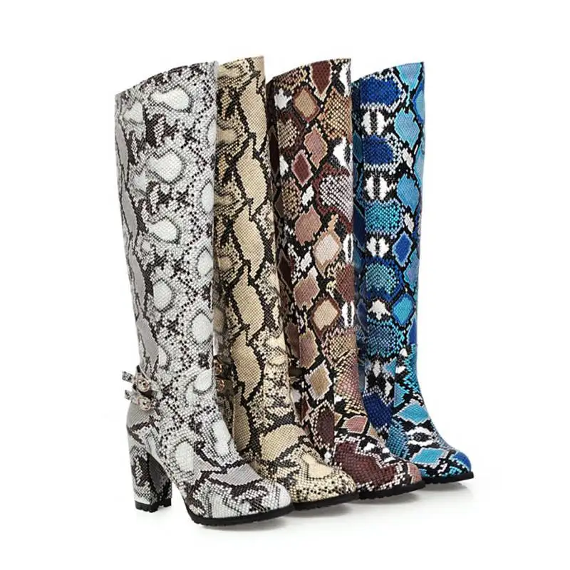 

ORCHALISA Women Knee Boots Round Toe Pattern Hight Heels Thick Heel Side Print Big size 34-43