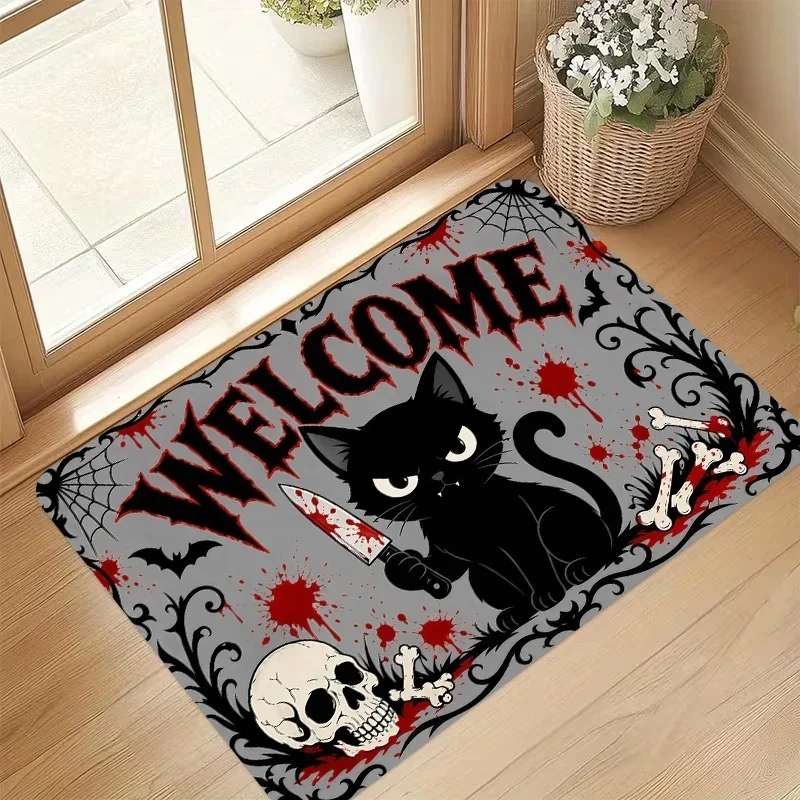 Newest Grey Background Black Cat Knife Skull Blood Splatter Bat Spider Web Halloween Doormat Non Slip Front Door Rug
