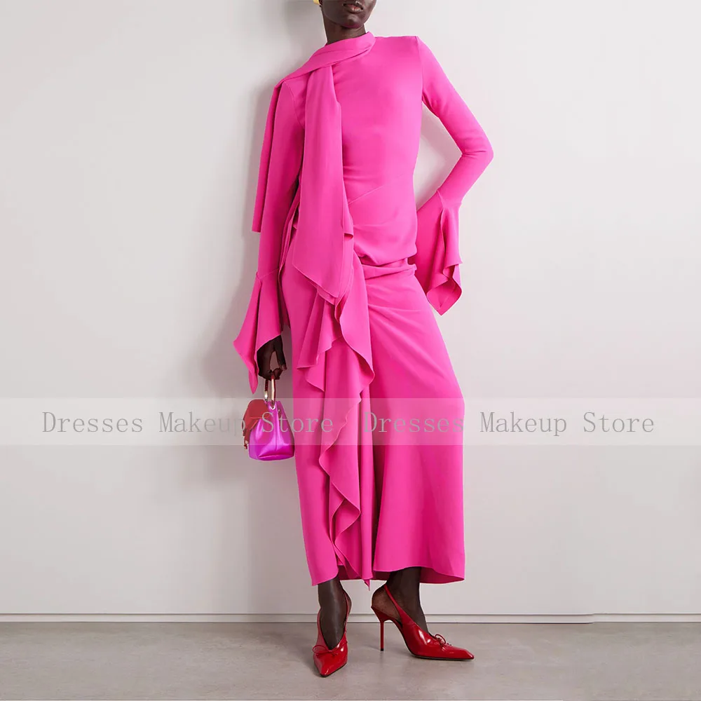 Modernes Ballkleid mit Schal, O-Ausschnitt, Rüschen, Säule, Abendkleider für Damen, 2026, knöchellang, lange Ärmel, elegante formelle Kleider