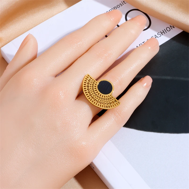 DIEYURO 316L Stainless Steel Vintage Half Round Necklace Earrings Ring For Women Girl New Party Gift Fashion Jewelry Set Bijoux