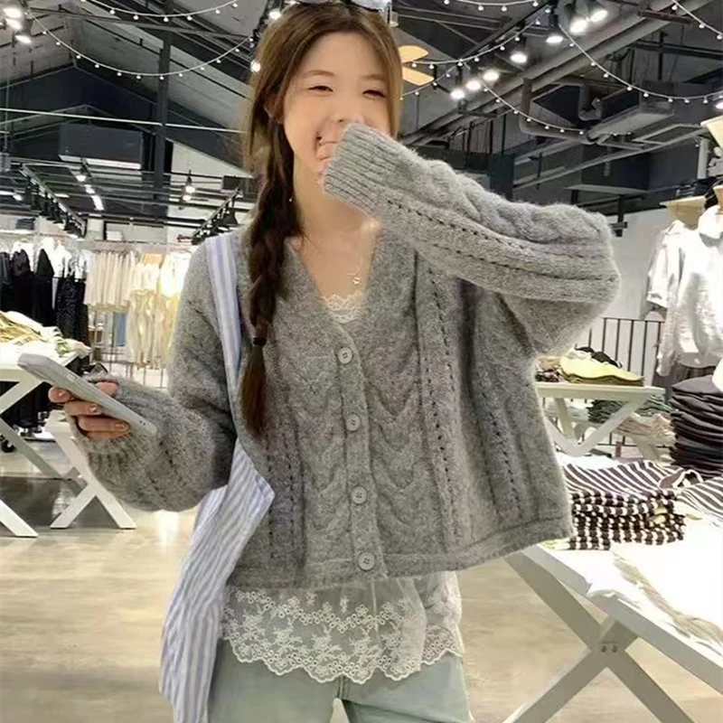 سترة Harajuku غير رسمية فضفاضة أنيقة برقبة على شكل حرف v Y2k سترة نسائية بأكمام طويلة سترة كورية متينة ملابس الشارع الشهير معاطف قصيرة