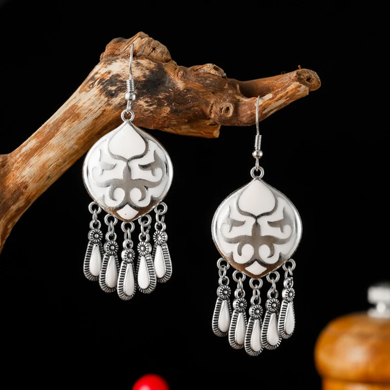 Vintage Ethnic Enamel Fire Totem Water Drop Earrings for Women Creative Design Silver Color Metal Earring Party Vacation Jewelry