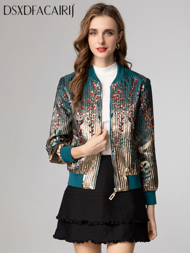 

DSXDFACAIRIJ Women's Jacquard Jacket with Diamonds O-Neck Long Sleeves Pockets High Street Fashion for Autumn