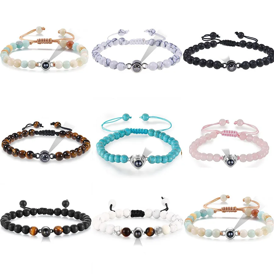 Amazon cross-border 8mm natural stone woven rope bracelet, projection 100 languages I love you woven bracelet